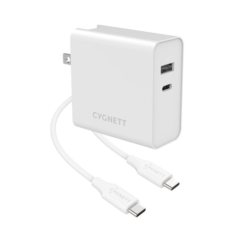 60W Dual Wall Charger (USB-A and USB-C) + USB-C to USB-C Cable + EU/UK/AU Travel Adaptors - White