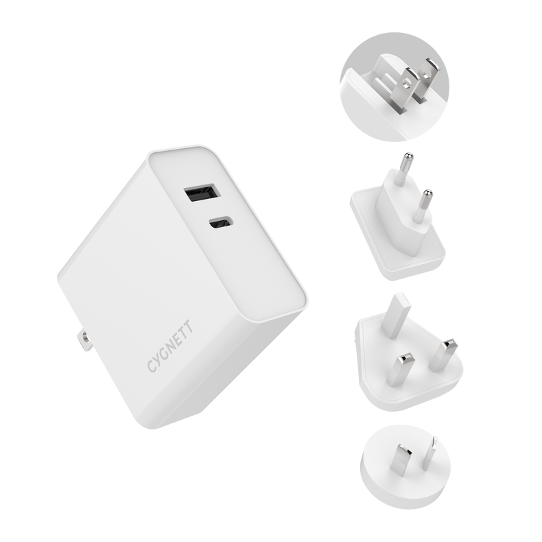 60W Dual Wall Charger (USB-A and USB-C) + USB-C to USB-C Cable + Travel Adapters - Cygnett (AU)