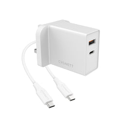 18W Dual Wall Charger USB-C and USB-A (QC 3.0) + USB-C to USB-C Cable - UK White