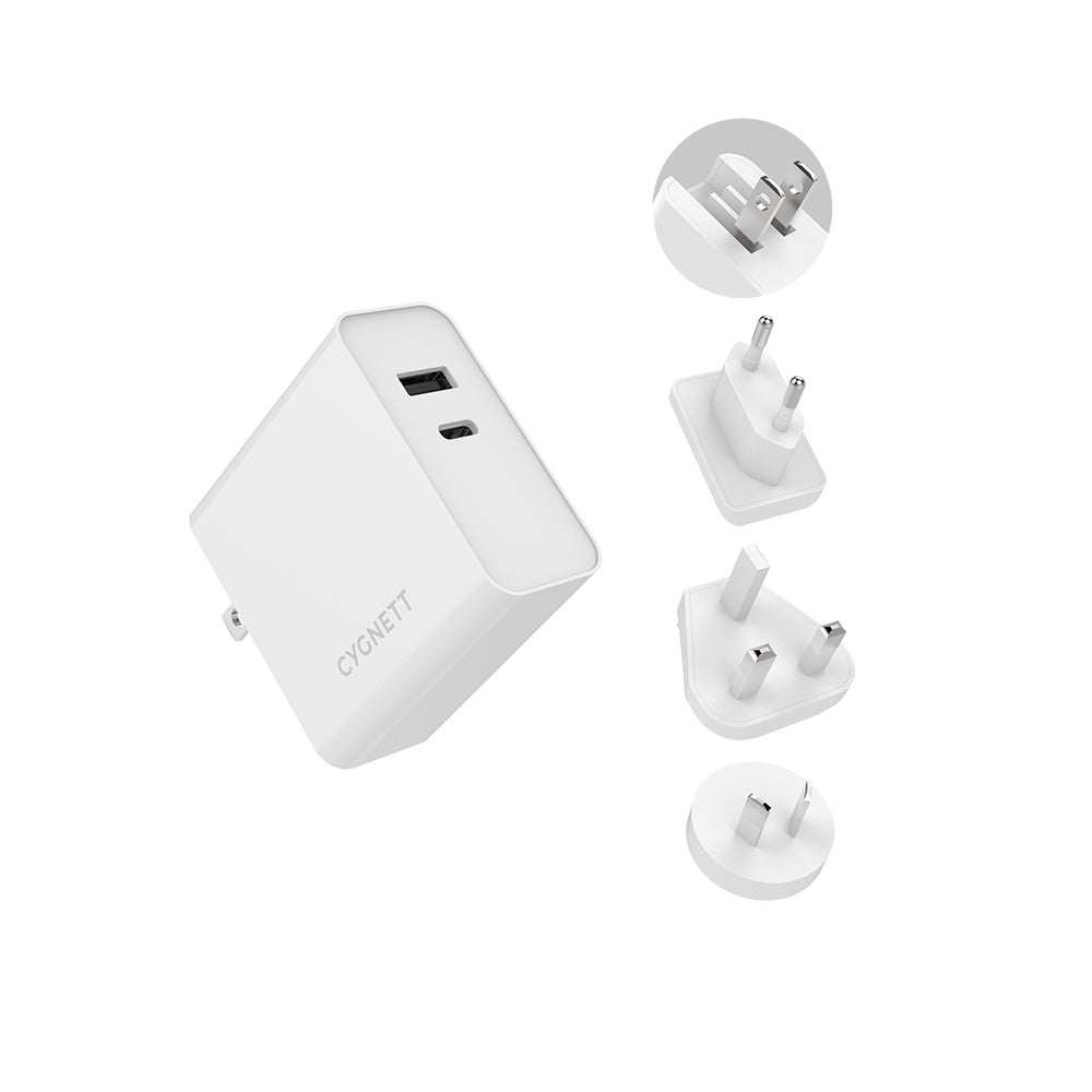 60W Dual Wall Charger (USB-A and USB-C) + USB-C to USB-C Cable + Travel Adapters